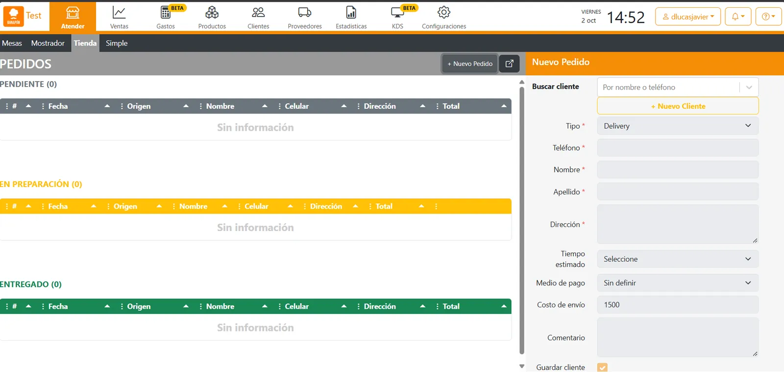 Pantalla Pedidos de Atender > Tienda, con las grillas Pendiente, En preparación y Entregado, y a la derecha el formulario Nuevo Pedido