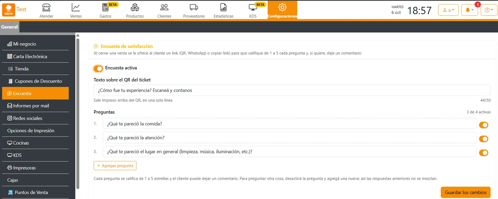 Configuraciones > Encuesta con Encuesta activa prendida, el Texto sobre el QR del ticket completo, tres preguntas activas (3 de 4 activas), el botón Agregar pregunta y Guardar los cambios