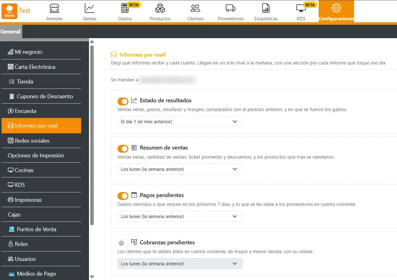 Configuraciones > Informes por mail con Estado de resultados activo el día 1, Resumen de ventas y Pagos pendientes activos los lunes, y Cobranzas pendientes apagado