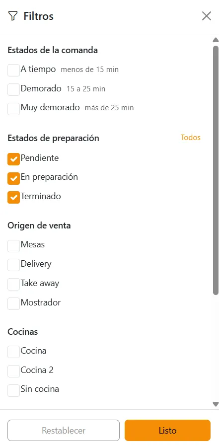 Panel Filtros del KDS con los grupos Estados de la comanda, Estados de preparación, Origen de venta y Cocinas, con Pendiente, En preparación y Terminado marcados, y los botones Restablecer y Listo